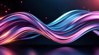 Flowing abstract waves in neon pink and blue colors on dark background with glowing particles create dynamic motion effect for modern design projects.