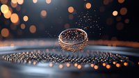 Magical levitating wedding ring with golden bokeh lights and water drops creating ethereal atmosphere. Macro photography captures floating jewelry in dark setting.