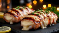 Grilled squid stuffed with melted cheese and herbs served on black slate plate with lemon garnish and bokeh lights in background, close up view of seafood appetizer.