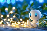 Cute white robot toy sitting among glowing fairy lights and green leaves on wooden surface against blurred bokeh background. Magical holiday atmosphere.
