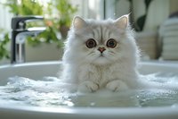 Fluffy white Persian cat with big round eyes relaxing in bathroom sink filled with soap bubbles and water, looking directly at camera with curious expression.