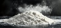 Heap of white flour or baking powder with dust cloud on dark background, dramatic food photography for culinary concepts.