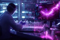 Asian male analyst examining futuristic data visualization with glowing purple holographic city model and cosmic display on curved monitor in modern office setting.