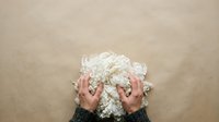 Overhead view of hands holding fluffy white cloud-like material against neutral beige background, suitable for wellness, comfort, and tactile design projects.