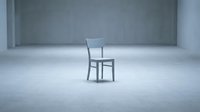 Single wooden chair with backrest positioned in empty concrete room with minimalist industrial aesthetic, suitable for furniture design, interior concepts, and architectural visualization projects.