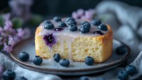 Homemade cheesecake topped with fresh blueberries and white glaze on rustic plate, decorated with purple flowers against gray linen background. Food photography.