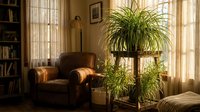 Cozy reading corner with leather armchair and spider plants in warm sunlit living room interior with bookshelves and natural lighting for home decor.