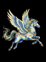 Ornate winged horse with gold and blue decorative details, isolated on transparent background. Ready for t-shirt design, clipart, stickers, sublimation, and print-on-demand products.