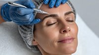 Mature woman receiving microblading procedure for eyebrow enhancement in beauty salon, close-up view of cosmetic treatment.