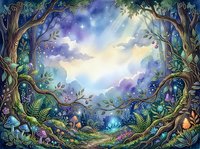 Enchanted forest clearing with ancient trees framing magical sky, glowing lights, and mystical woodland landscape. Suitable for fantasy illustrations, children's books, and imaginative design projects.