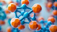 Molecular structure visualization with orange atoms and blue connections in macro view showing scientific concept of chemistry and biochemistry research model.