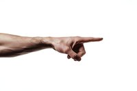 Male hand pointing finger to right side on white background, isolated arm gesture showing direction or blame, dramatic lighting creates contrast and shadow.