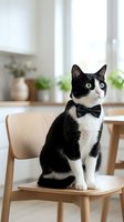 Elegant black and white cat wearing a bow tie, sitting on a wooden chair in a bright, minimalist interior with potted plants and natural light.