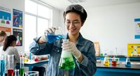 Young Asian female student conducting chemistry experiment in modern laboratory classroom wearing safety glasses and gloves while mixing colorful solutions.