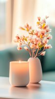 Glowing candle and delicate pink flowers in white ceramic vases create serene atmosphere with soft natural lighting and pastel color palette on minimalist surface.