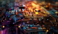 Circuit board with glowing neon lines and bokeh light effects in orange and blue colors creating futuristic technology pattern, macro photography.