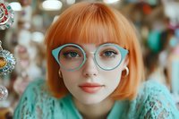 Young woman with bright ginger bob haircut wearing mint blue cat eye glasses and turquoise sweater, looking directly at camera with soft natural makeup and gentle smile.