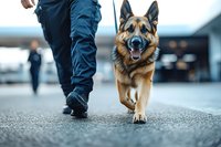 Police officer walking with German Shepherd patrol dog on duty. Close-up view of K9 unit in action showing professional training and partnership.