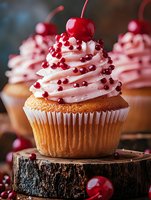 Gourmet cupcake with pink frosting, red sprinkles and cherry on top displayed on rustic wood slice for bakery menu, dessert photography and food marketing.