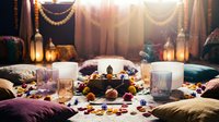 Cozy bohemian living room with candles, crystals, cushions and warm lighting creating mystical spiritual atmosphere for meditation and relaxation.