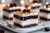 Elegant layered dessert squares with chocolate base, creamy filling, and berry compote topped with fresh blackberries and gold sprinkles on white serving plate.