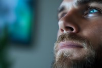 Close up portrait of bearded man with bright blue eyes looking up against blurred turquoise background, dramatic lighting emphasizes facial features.