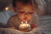 Adorable young child blowing out birthday candles on cupcake, captured in warm atmospheric lighting with soft bokeh effect. Magical childhood moment.