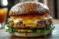 Juicy beef patty topped with melted cheddar cheese, fresh arugula, and caramelized sauce on glossy brioche bun, close-up view of gourmet burger creation.