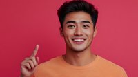 Young Asian man with bright smile wearing orange t-shirt pointing finger up against pink background, expressing positive attitude and confidence.