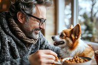 Mature man with gray hair and glasses sharing a warm moment with Welsh Corgi dog at dining table near window, wearing cozy knit sweater and scarf.