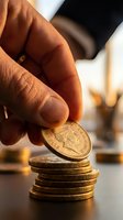 Hand placing golden coin on stack representing investment growth and financial savings in warm lighting for business concepts.
