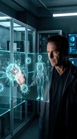 Middle-aged Caucasian male scientist examining holographic virus models and human anatomy in futuristic medical laboratory with advanced technology displays.