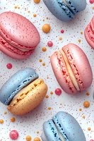 Colorful French macarons in pink, blue and yellow scattered on white background with decorative dots. Sweet pastry pattern for bakery and confectionery design.