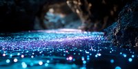 Magical glowing particles floating on dark water surface with blue and purple bokeh lights creating ethereal atmosphere. Macro photography of nature phenomenon.