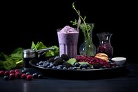 Purple smoothie with fresh berries, nuts and greens on dark background. Healthy breakfast drink with antioxidant superfoods for wellness lifestyle.