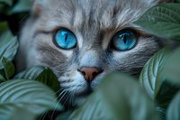 Close up portrait of gray cat with bright blue eyes peering through green leaves, creating mysterious and enchanting mood for nature and pet photography.