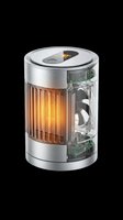 Cylindrical space heater with brushed silver metal casing, glowing orange heating element visible through transparent side panel, digital control display on top, internal fan mechanism shown, isolated on transparent background ready for clipart, t-shirt design, print-on-demand, stickers, and sublimation projects.