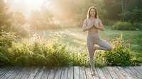 Young Caucasian woman practicing yoga tree pose on wooden deck outdoors during golden hour sunrise with natural garden background for wellness lifestyle.
