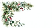 Watercolor Christmas corner border with pine branches, eucalyptus leaves, red berries and pinecones on white background for holiday greeting cards.