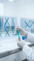 Scientist in white gloves holding test tube with green liquid in modern genetics laboratory with DNA helix models displayed on screens for research.