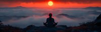 Silhouette of person meditating on mountain peak at sunset, panoramic view with dramatic red sky and misty valleys below, peaceful zen moment.