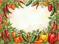Colorful hand-drawn peppers and chili frame with cream background. Isolated botanical border design for cooking, recipe cards, menus, kitchen decor, and food packaging projects.