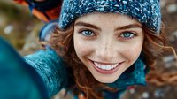 Young Caucasian woman with freckles and bright blue eyes wearing winter knit hat takes selfie outdoors, showing genuine smile and positive emotions.