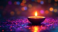 Glowing diya oil lamp on colorful sparkly surface with bokeh background, celebrating Diwali festival or spiritual ceremony.