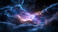 Dramatic night sky with electric blue lightning and pink cosmic clouds illuminating dark stormy atmosphere, creating mystical celestial scenery for background designs.