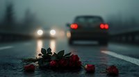 Red roses scattered on wet asphalt road at dusk with blurred car lights and bokeh in rainy weather, creating dramatic atmospheric mood for loss and remembrance.