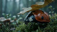 Ladybug crawling on moss-covered branch in rainy forest environment with water droplets and blurred woodland background.