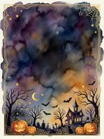 Halloween watercolor background with haunted house, pumpkins, bats and spooky trees in purple orange sky for seasonal greeting cards and decorations.