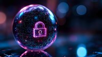 Glowing neon padlock icon inside digital sphere with circuit pattern background and bokeh lights, representing cybersecurity and data protection concept.
