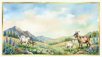 Goats grazing in mountain valley landscape with wildflowers, evergreen trees, and distant peaks. Suitable for farm, agriculture, and rural design projects.